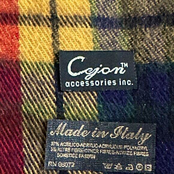 Vintage Cejon black, yellow, red, orange plaid muffler scarf with fringe. - Picture 5 of 5